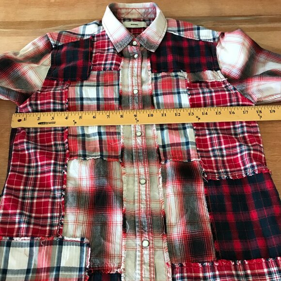 Diesel Top Women XS Red Plaid Patchwork Snap Button Up Long Sleeve Collared - Picture 7 of 13